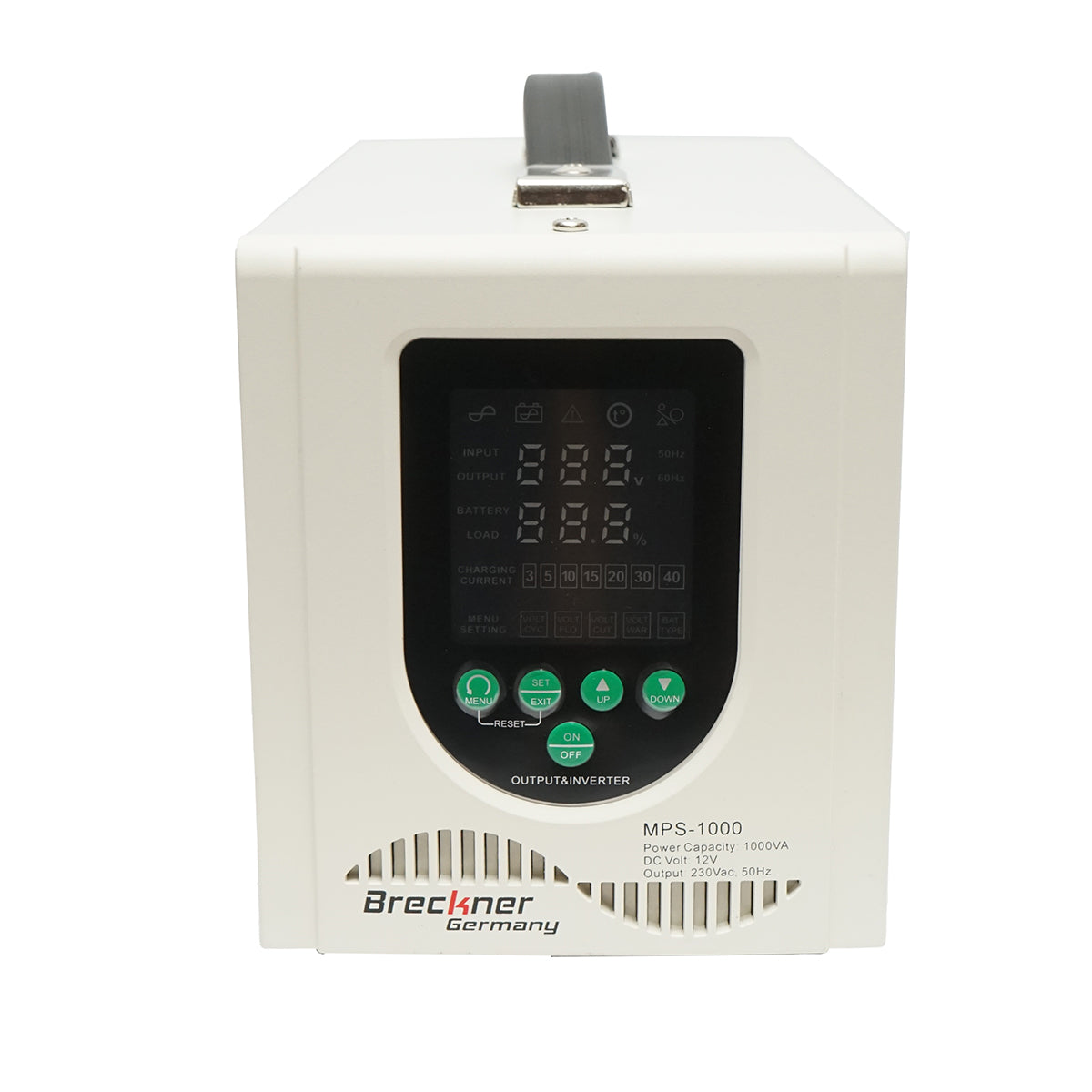 UPS con inverter per riscaldamento centralizzato 700W/1000VA, onda sinusoidale pura 12V/230V, 2 prese schuko, display LCD, AVR Breckner Germany