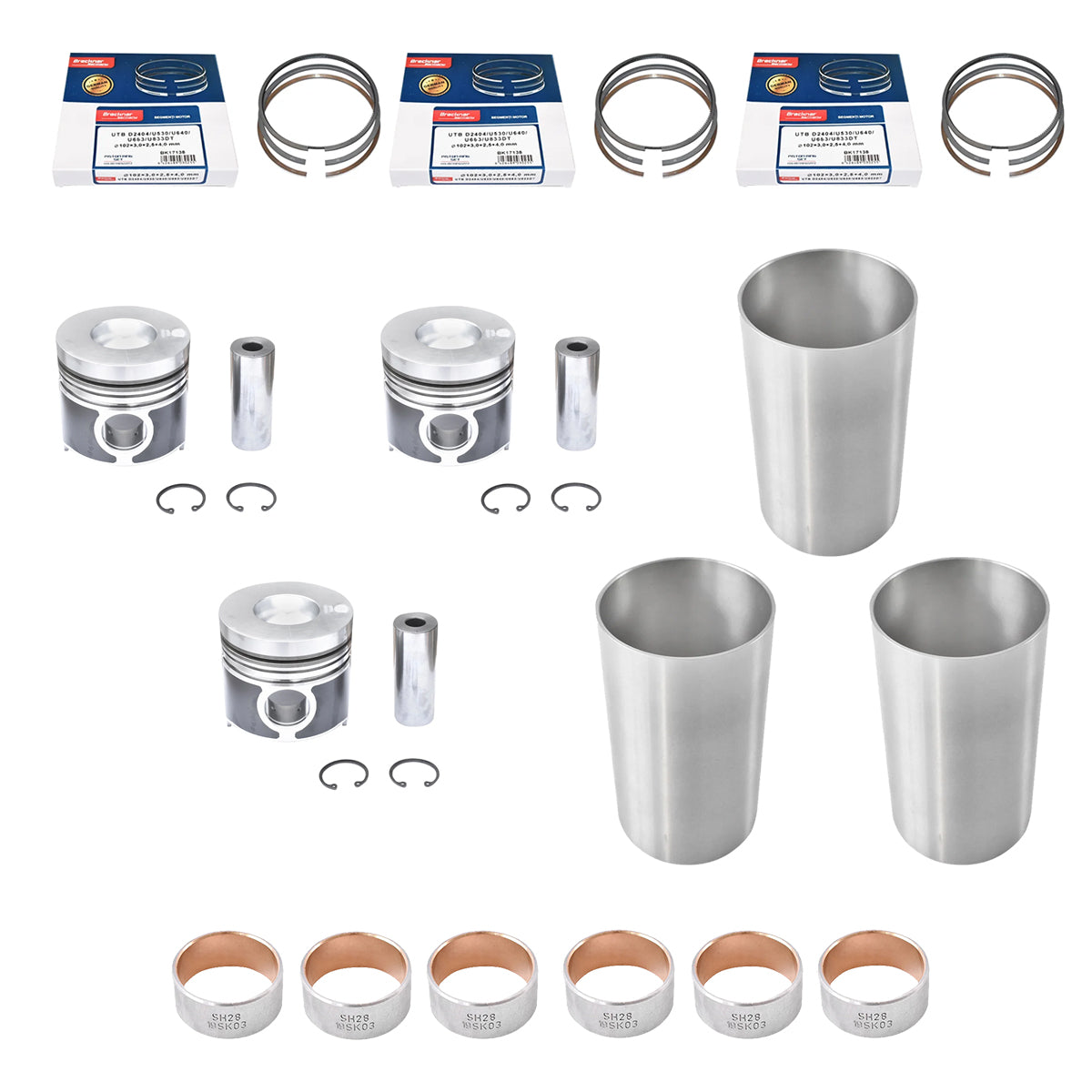 Kit motore completo con 3 pistoni Ø 102 mm per UTB U-483/U-445, Fiat, New Holland, Case IH e Massey Ferguson.