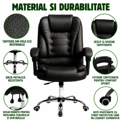 Sedia da ufficio ergonomica direzionale con supporto lombare, in ecopelle nera, girevole, con schienale e altezza regolabili. - immagine 6