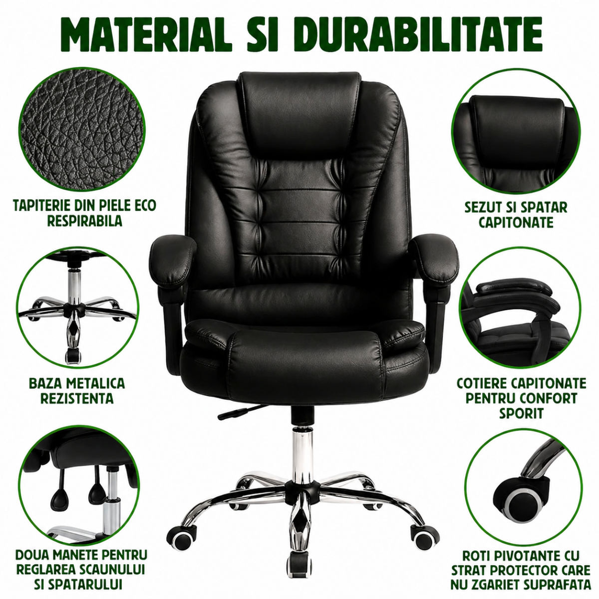 Sedia da ufficio ergonomica direzionale con supporto lombare, in ecopelle nera, girevole, con schienale e altezza regolabili. - immagine 6