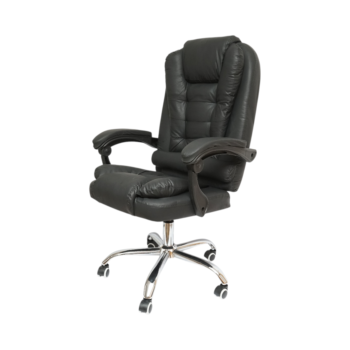 Sedia da ufficio ergonomica direzionale con supporto lombare, in ecopelle nera, girevole, con schienale e altezza regolabili.