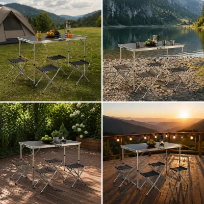 Set tavolo pieghevole da campeggio con 4 sedie in alluminio, portatile tipo valigia, regolabile in altezza, 120x60 cm. Breckner Germany - immagine 6