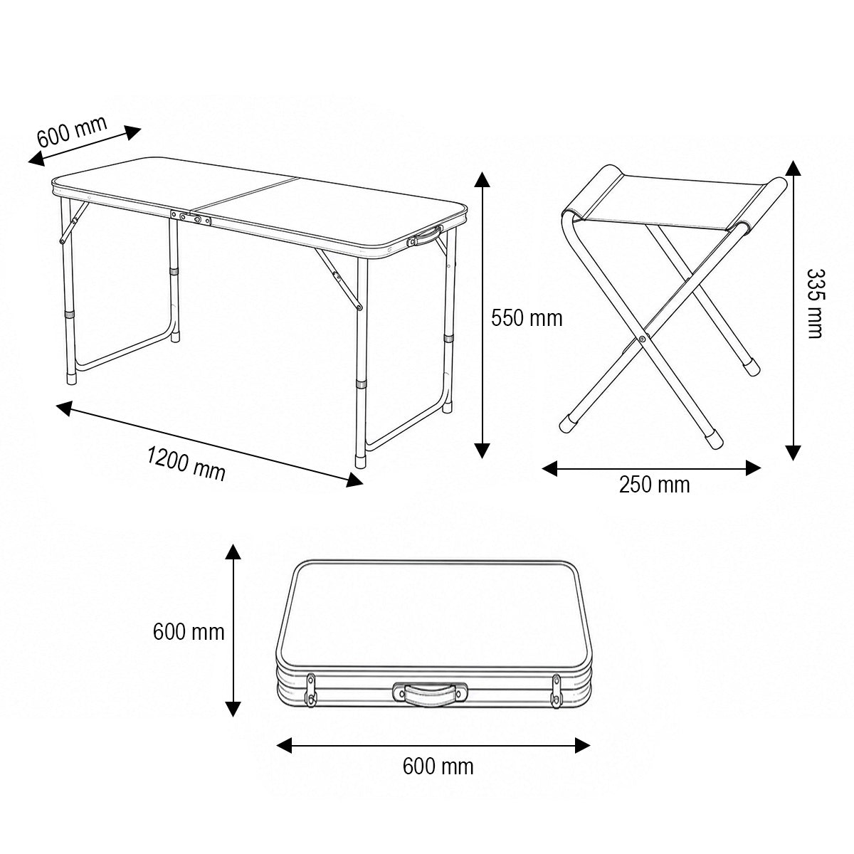 Set tavolo pieghevole da campeggio con 4 sedie in alluminio, portatile tipo valigia, regolabile in altezza, 120x60 cm. Breckner Germany - immagine 5